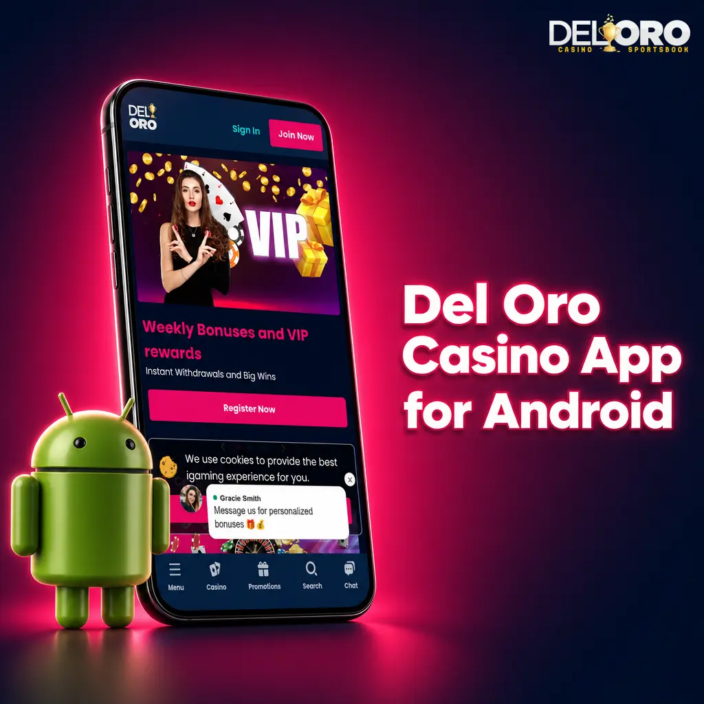 Del Oro Casino Android app APK download screen with requirements and update details for casino games and sports odds
