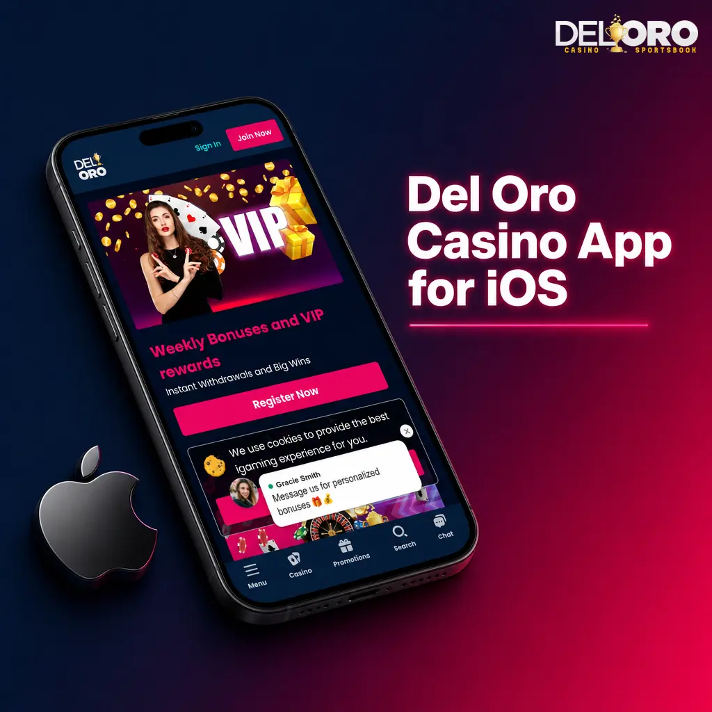 Del Oro Casino iOS app on iPhone with casino games, live tables, sports betting, and CAD payments