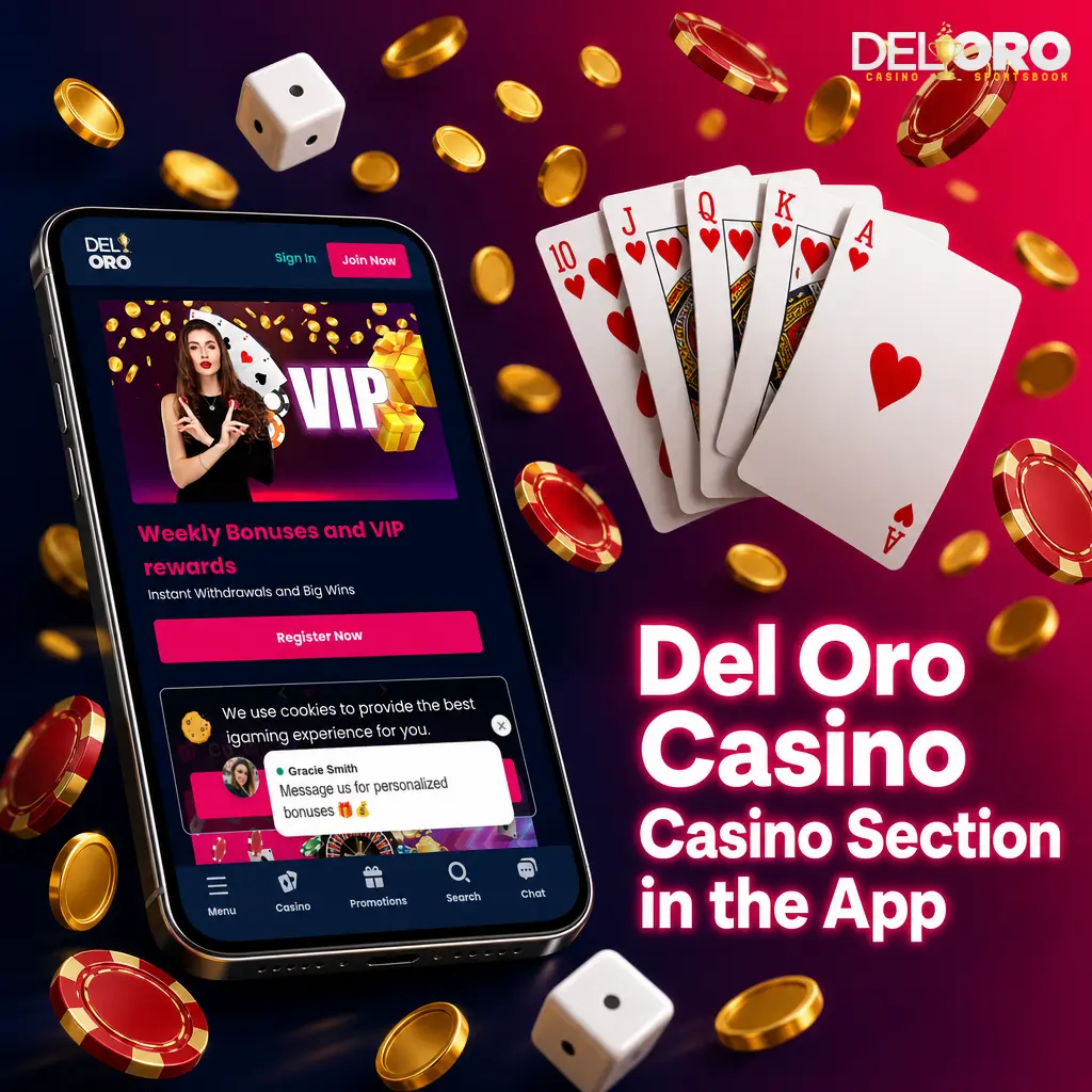 Del Oro Casino app lobby showing game categories, search, favourites, live tables, cashier and support tools