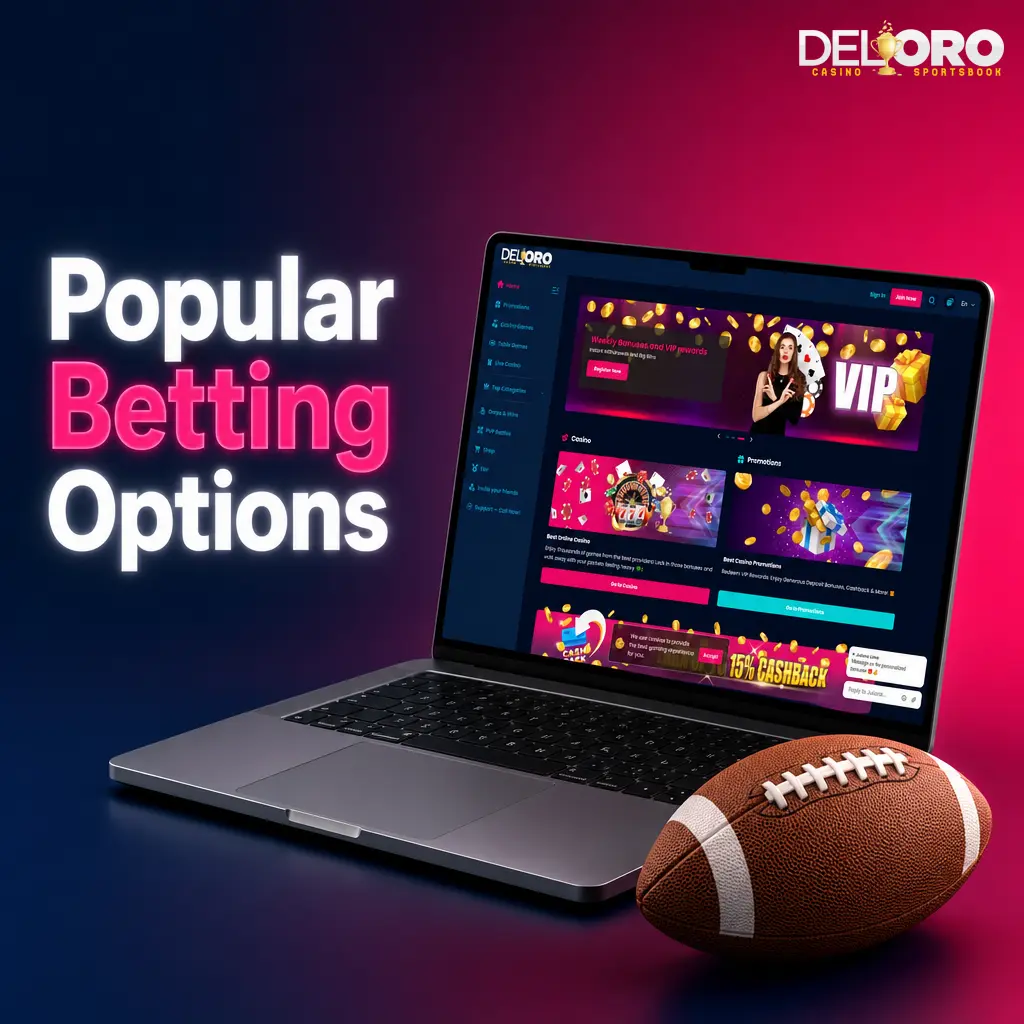 Popular betting options at Del Oro Casino, including live betting, pre-match lines, and multi bets