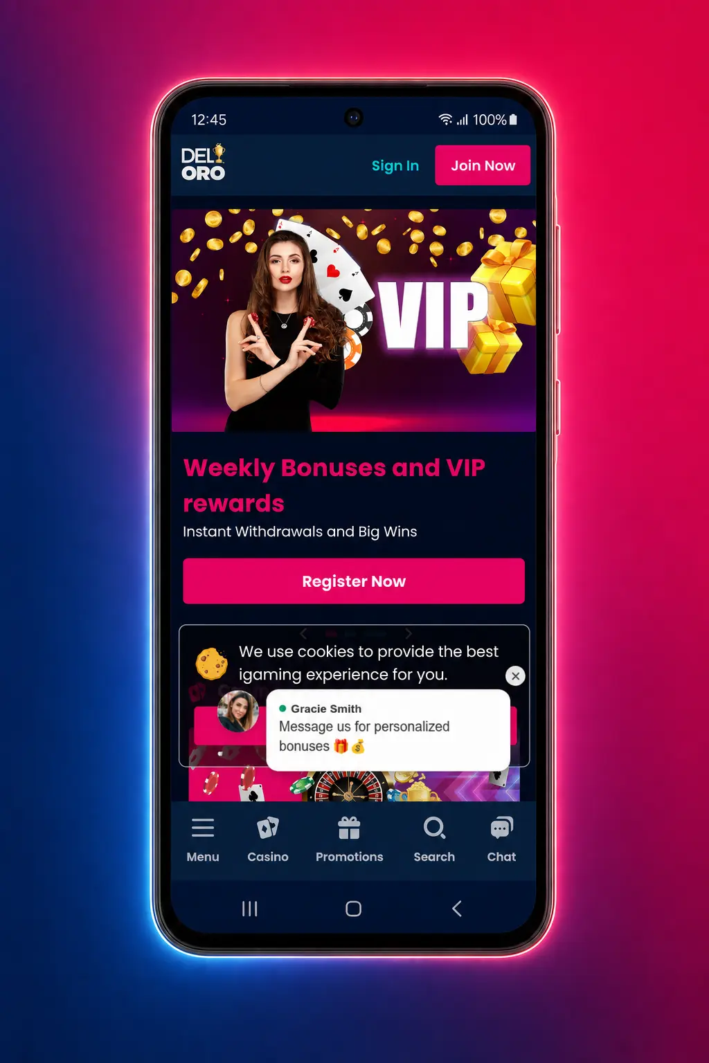 Del Oro Casino Android APK download and installation steps with app screenshot on a phone display
