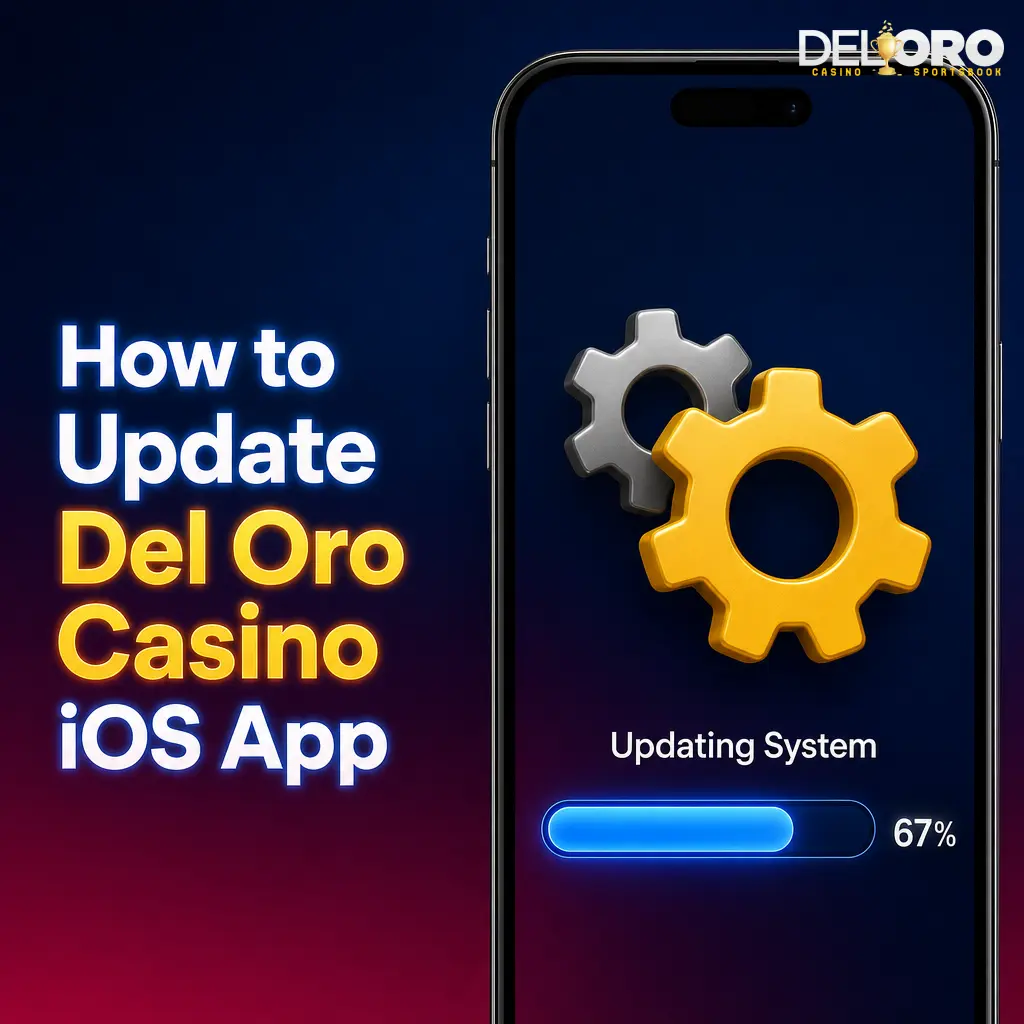 iPhone screen showing Del Oro Casino iOS app update prompt for secure login, payments, and live bets