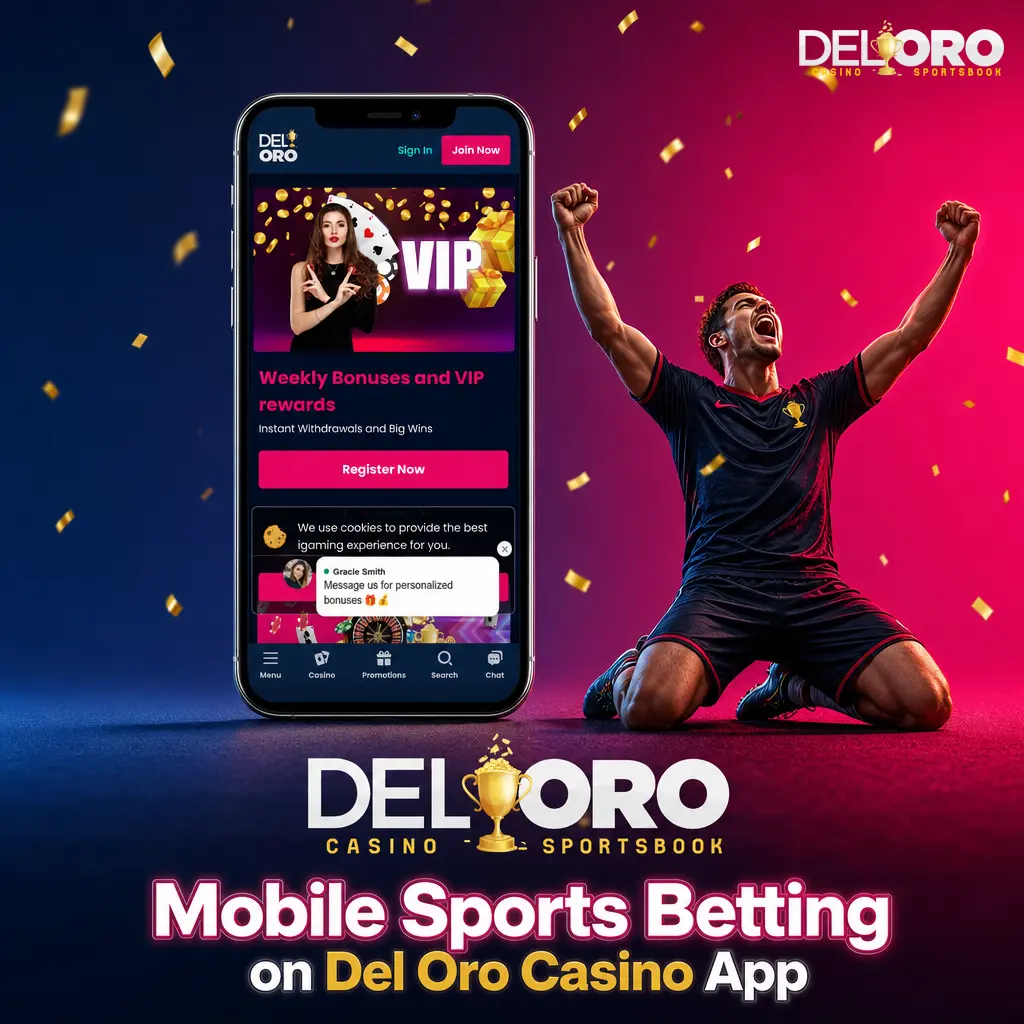 Del Oro Casino app sports betting screen with live odds, bet slip, and top Canadian sports markets