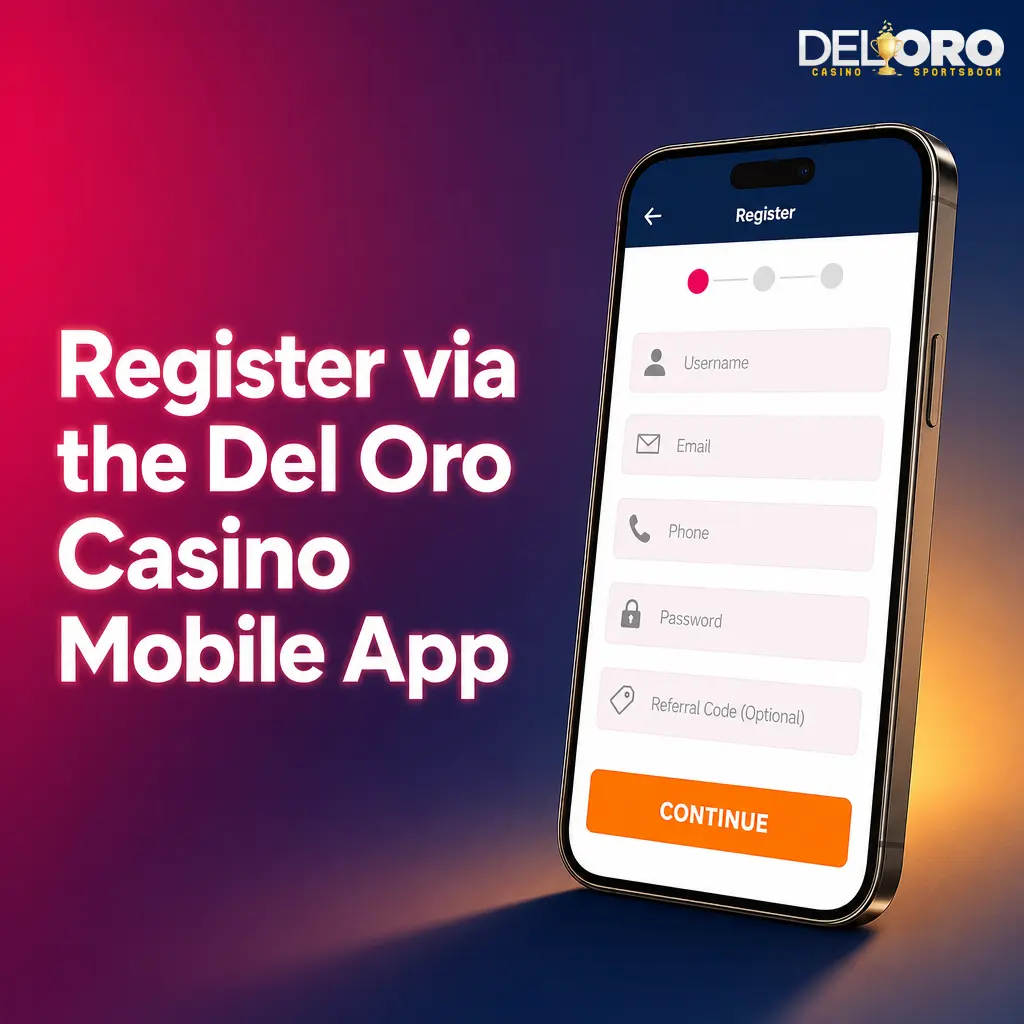 Del Oro Casino mobile app registration showing Create Account options and access to cashier, casino and sportsbook