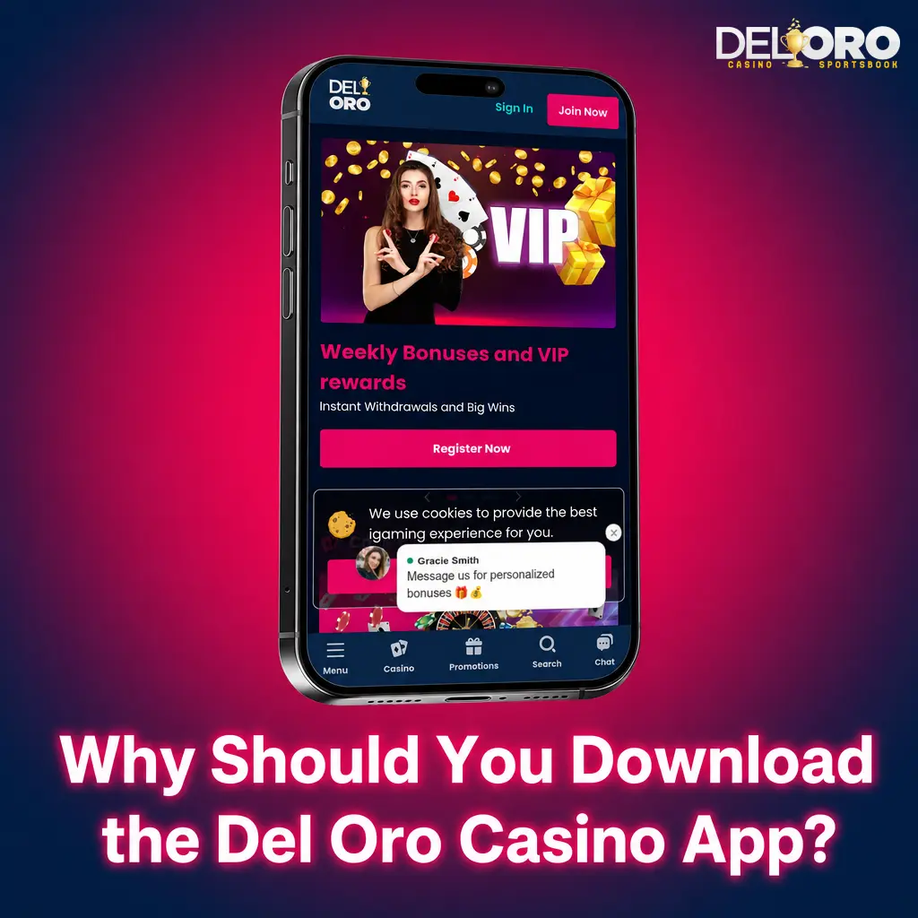 Del Oro Casino app showing fast mobile betting, cashier access, live bet slip, and casino game lobby